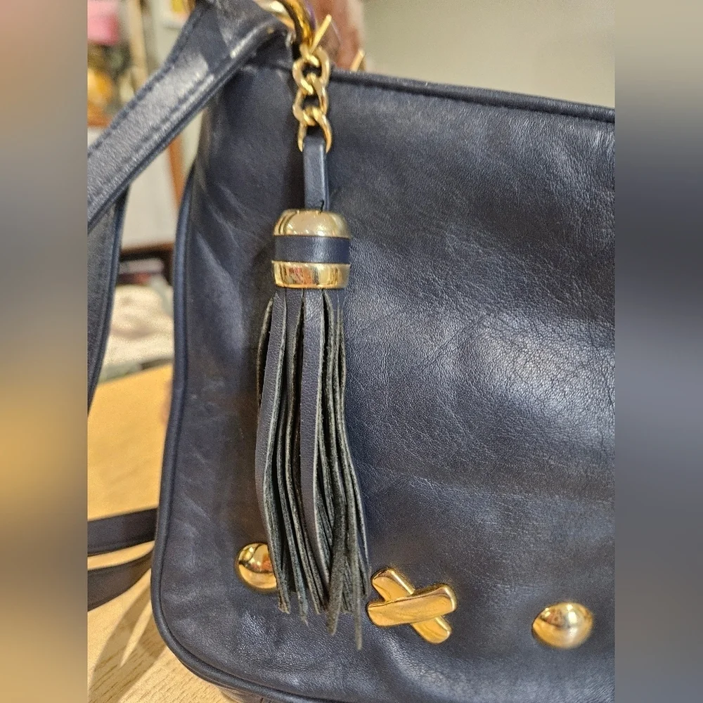 Vintage FIRST EDITION Navy Leather Crossbody Bag Gold Hardware Tassel.